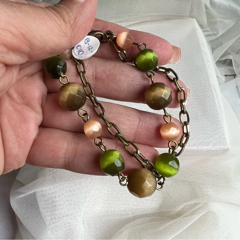 Genuine Gemstone Cat’s Eye Brass Chain Bracelet - Handmade NWT